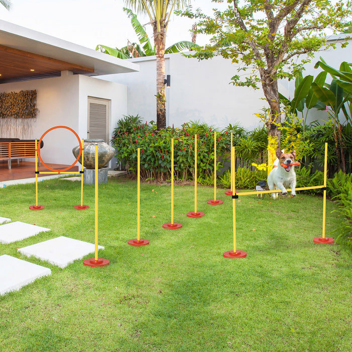 PawHut 3PCs Portable Pet Agility Training Obstacle Set for Dogs w/ Adjustable Weave Pole, Jumping Ring, Adjustable High Jump