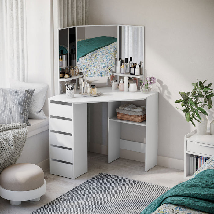 HOMCOM Corner Vanity Table, Makeup Desk with 3-piece Mirror and 5 Drawers