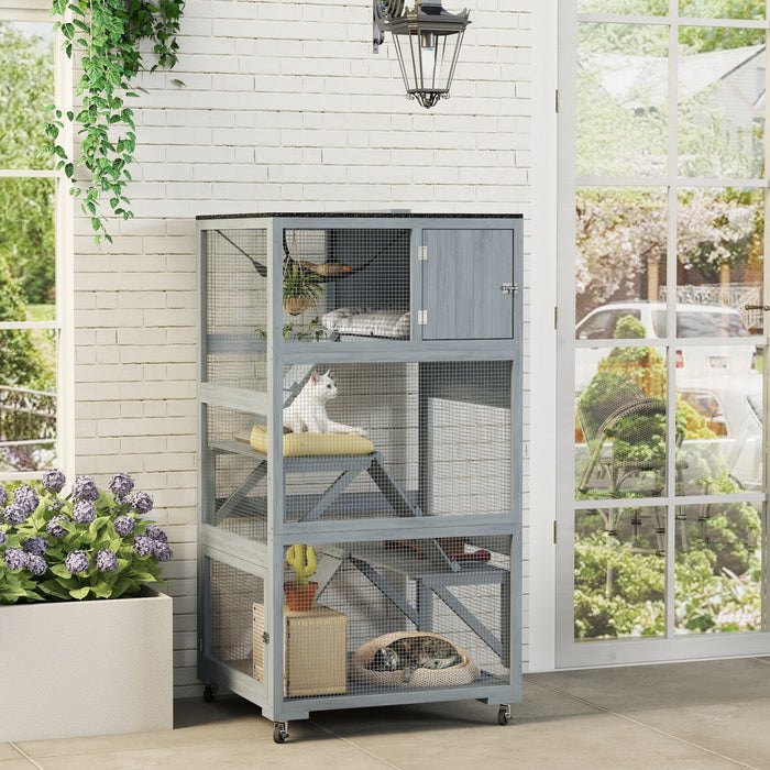 PawHut 66\"H Catio on Brake Wheel, Indoor Outdoor Cat Enclosure Cage with Weatherproof Roof Hammock Multiple Platforms Resting Condo Ramps Lockable Doors, for 1-3 Cats, Grey