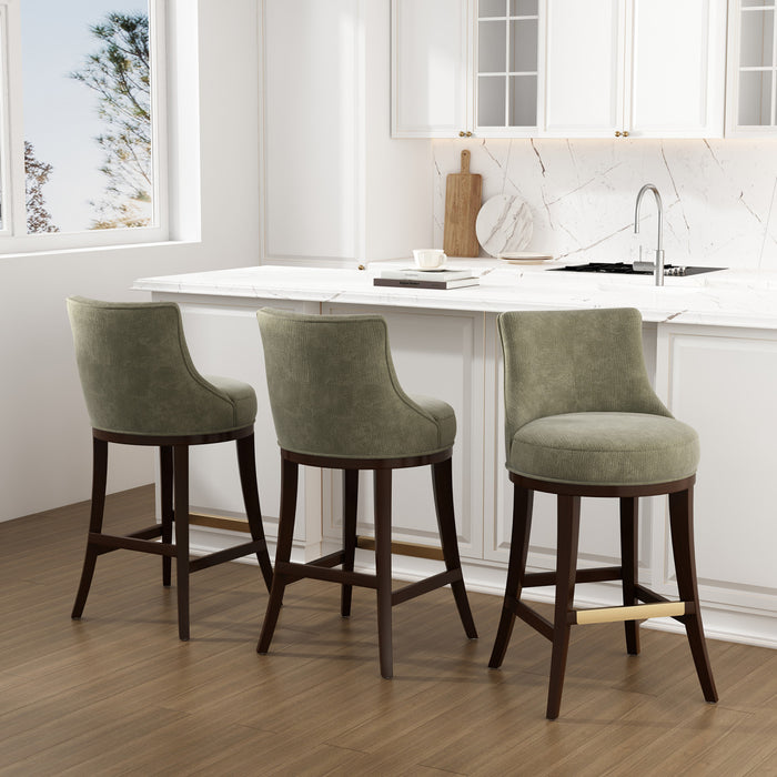 Lucia Modern Chenille Wood Upholstered Barstool in Leaf Green - Set of 3