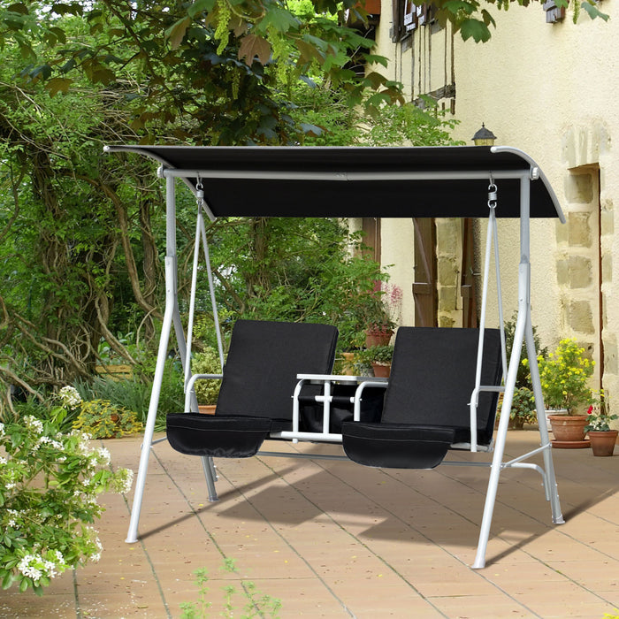 Outsunny Double Outdoor Swing Chair 2 Person Covered Swing Porch Swing W/ Pivot Table And Storage Console, Black