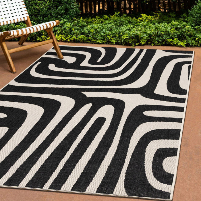 Jackson Black White Abstract Lines Outdoor Rug, 6'7\" x 9'6\" Outdoor Area Rug