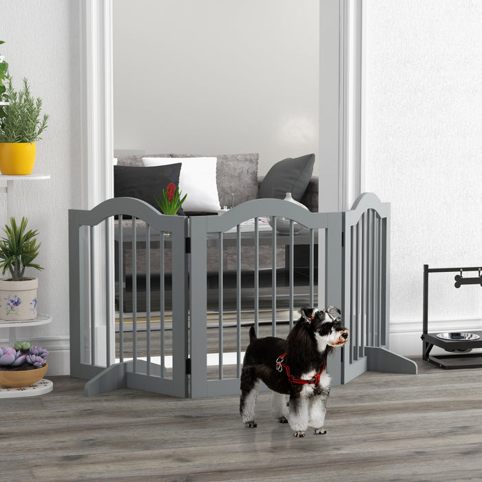Pawhut Freestanding Pet Gate For Dogs 24\" Tall Foldable Dog Gates Indoor Wooden Barrier 3 Panels With 2 Support Feet, For Doorway Stairs, Light Grey