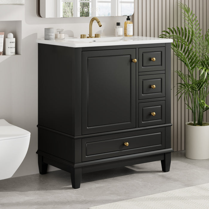 Emma 30\" Solid Wood Bathroom Vanity with Ceramic Sink and Soft-Close Door, Black