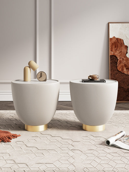 Anderson Modern Sintered Stone Top Upholstered End Table in Cream - Set of 2