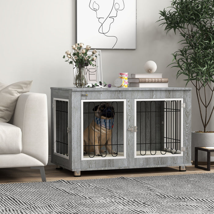 Pawhut 35in Dog Crate End Table With Soft Cushion, Double-door Dog Crate Furniture For Medium Large Dogs, Wooden Wire Pet Kennel For Indoor Use, 35\" W X 23\" D X 26\" H, Grey