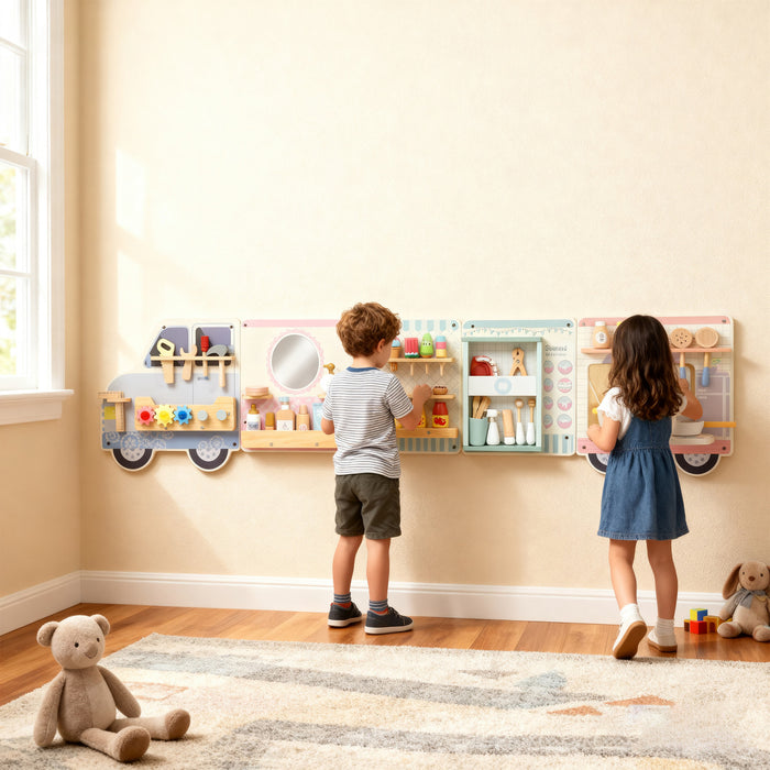 Qaba Truck Activity Wall Busy Board, 5 Activities, Sensory Wall Panel for Toddlers 3+ Years, Montessori Learning Activity Center for Playroom Nursery Classroom