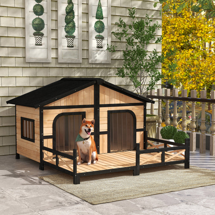Pawhut 59\"x64\"x39\" Wood Dog House Outdoor Cabin-style Elevated Pet Shelter With Porch Deck, Beige