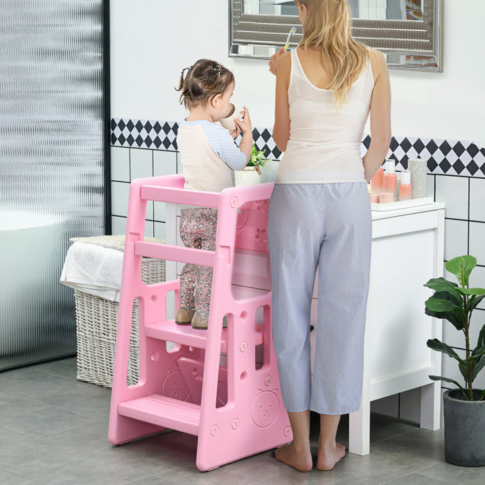 Qaba Toddler Kitchen Helper 2 Step Stool With Adjustable Height Platform And Safety Rail, Pink
