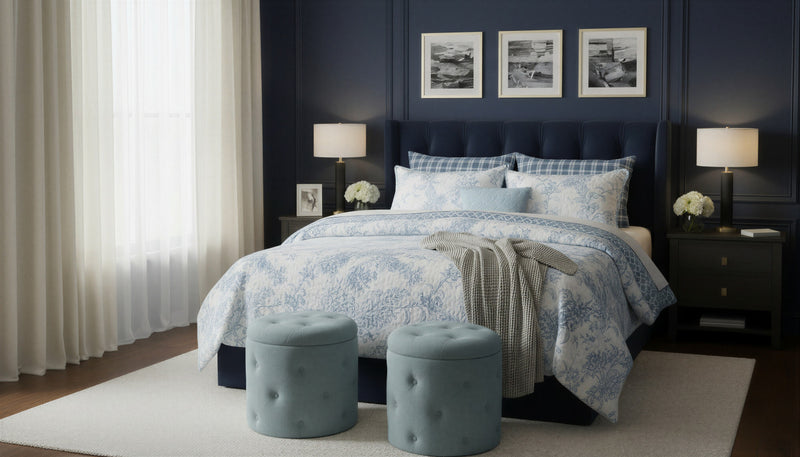 Reversible 3-Piece King Quilt Set, Blue & White Floral Microfiber Bedding