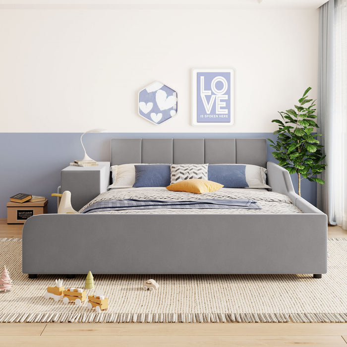 Lily Velvet Upholstered Grounded Bed with Desk and Stool,Full Size,Grey Full Bed