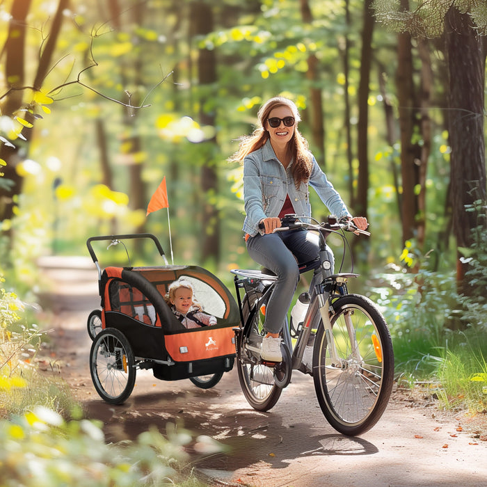 Aosom 2-Seat Bike Trailer for Kids, 2-in-1 Baby Stroller Bicycle Trailer 88 lbs Load with 5-Point Harness, Rubber Wheels, Storage, Safety Flag, Reflectors, Foldable Frame, Orange