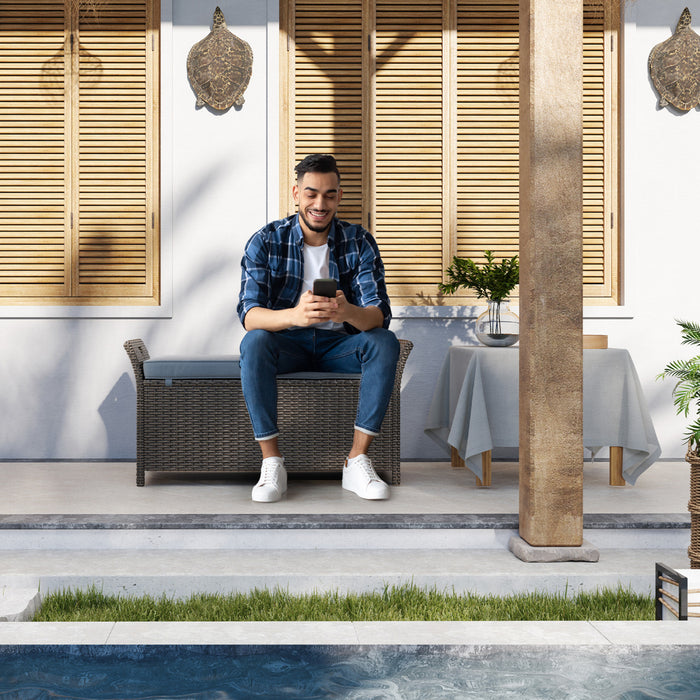 Outsunny 2-in-1 Patio Wicker Storage Bench 27 Gallon Storage Box Dark Grey