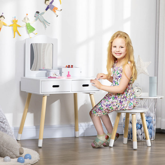 Qaba Kids Vanity Set with Mirror and Stool, Vanity Table and Chair Set with Drawers, Makeup Dressing Table for Children Aged 3-6 Years, White