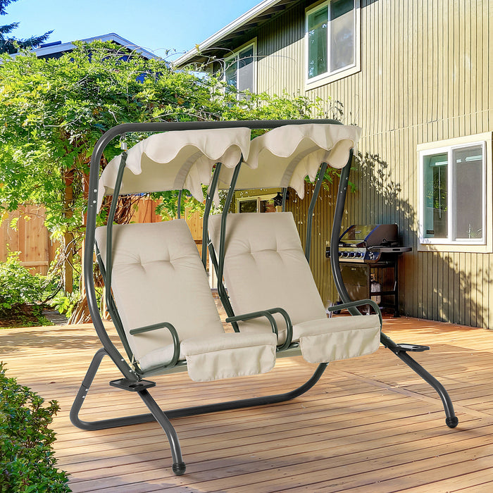 Outsunny 2-seat Patio Swing Chair W/ Removable Canopy & Cup Holders, Beige