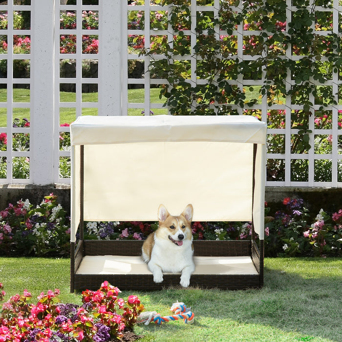 Pawhut Wicker Dog House Elevated Pet Bed With Shade Canopy For Medium Large Dogs Indoor Outdoor With Cushion, 36\" X 28\" X 32\"