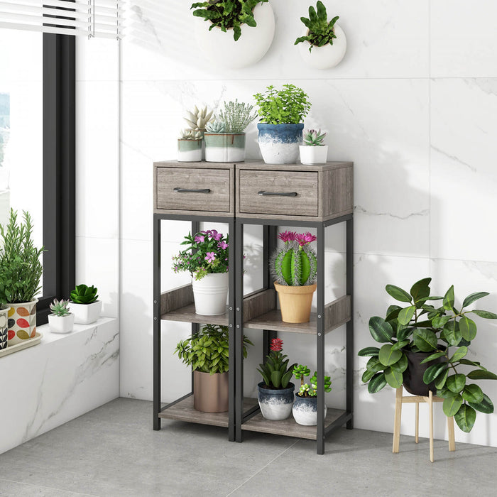 Costway 2 Pack 3 Tier Indoor Tall Plant Stand With Drawer Anti-tipping Devices Display Shelf