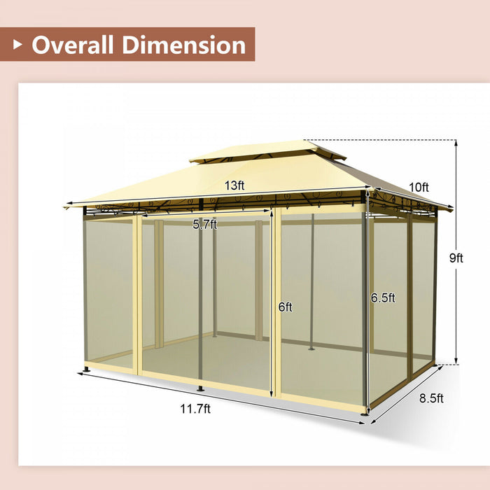 2-tier 10'x13' Steel Gazebo Canopy Tent Shelter Patio Garden Outdoor Netting Beige