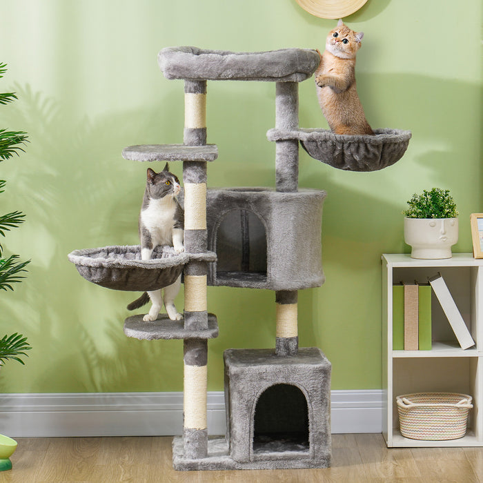 Pawhut 52.5\" Cat Tree, Cat Tower For Indoor Cats With Scratching Posts, Cat Condos, Bed, Platforms, Hammocks, Cat Activity Center, Grey