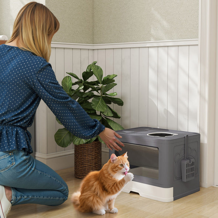 PawHut Foldable Cat Litter Box with Lid, Front Enter & Top Exit Kitten Litter Box Fully Enclosed, Pull-Out Drawer Type Large Cat Toilet with Scoop, Self-Groomer for Kitties, Grey