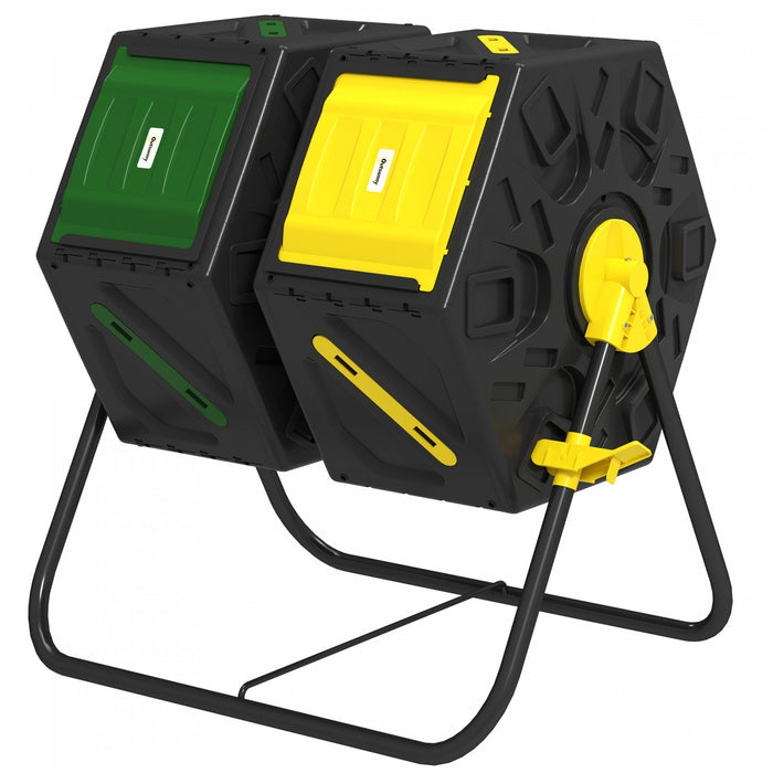 Outsunny 34.5 Gallon Composter, Dual Chamber Compost Bin, Yellow And Green