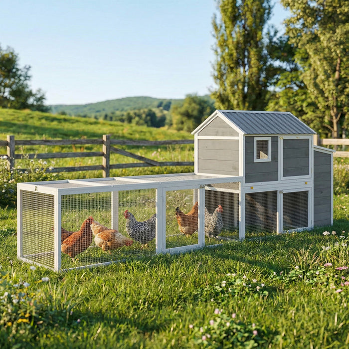 PawHut Large Chicken Coop, 134\"L Wooden Chicken House with Run, Nesting Box, Slide-Out Tray, Waterproof Roof and Ramp, Hen House Rabbit Hutch for 4-6 Hens, Rabbits, Grey
