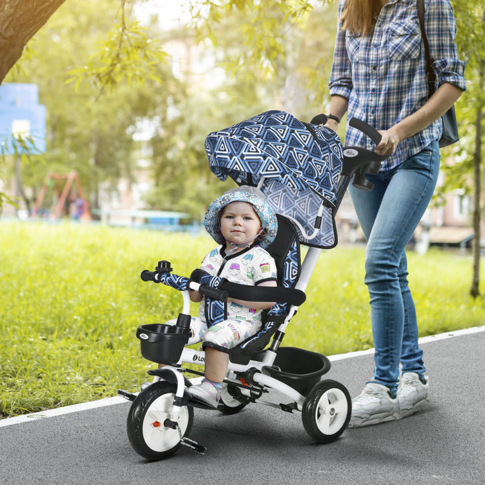 Qaba Toddler Tricycle, 6 In 1 Stroller Bike With Parent Push Handle, Canopy, Storage Baskets, Cupholder, Safety Guardrail And 5-point Safety Belt, For 12-60 Months, Light Blue