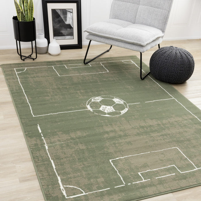 Florence Green Brown White Soccer Field Rug, 7'9\" x 10'6\" Indoor Area Rug