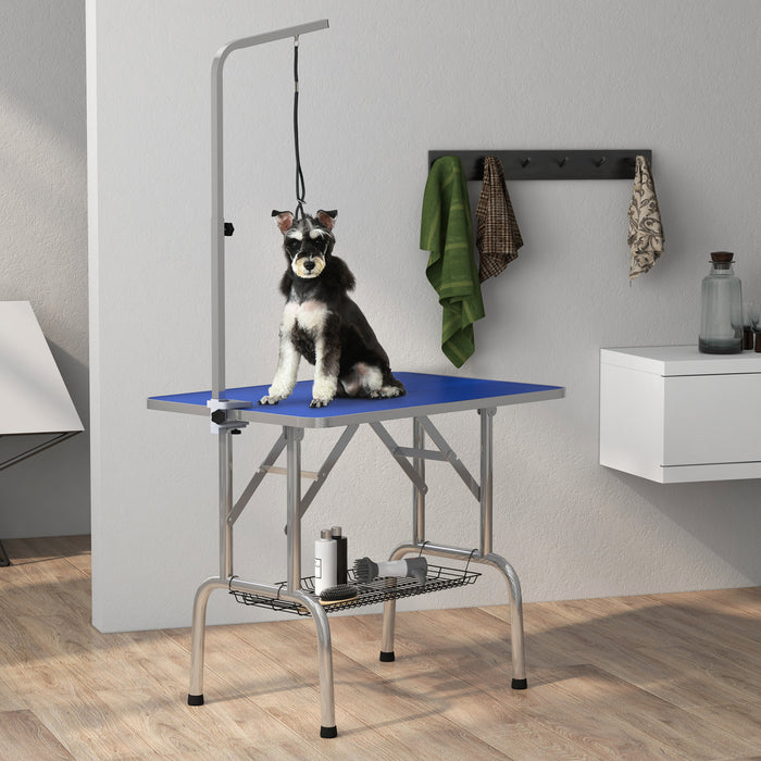 Pawhut Dog Grooming Table With Adjustable Grooming Arm, Pet Grooming Table For Dogs With Storage Shelf, Foldable Design Stainless Steel For All Sizes Dogs Cats, Blue