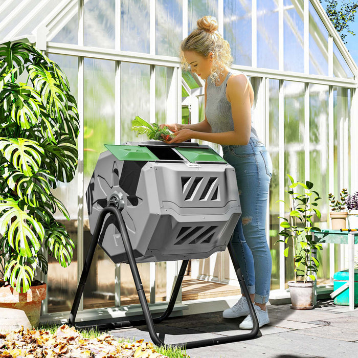 Outsunny 43 Gallon (160L) Tumbling Compost Bin Outdoor Dual Chamber 360° Rotating Composter with Sliding Doors, Solid Steel Frame and Gloves, Dark Green
