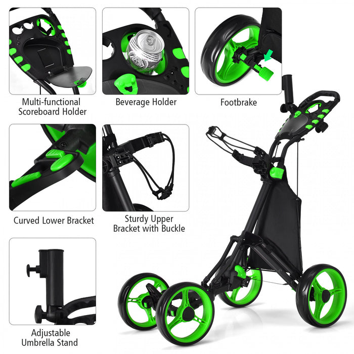 Goplus Folding 4 Wheels Golf Push Cart W/bag Scoreboard Adjustable Handle Green