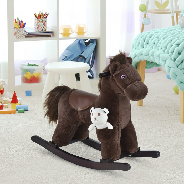 Qaba Kids Plush Ride-on Rocking Horse With Bear Toy, Children Chair With Soft Plush Toy & Fun Realistic Sounds, Brown