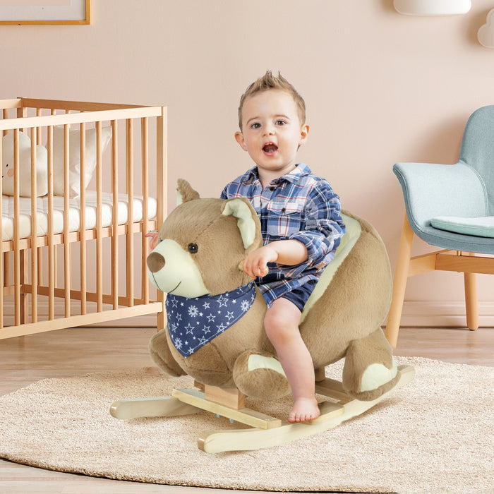 Qaba Rocking Horse, Kids Ride On Horse Bear-theme Soft Plush With Music, Seat Belt, Wooden Base For 18-36 Months