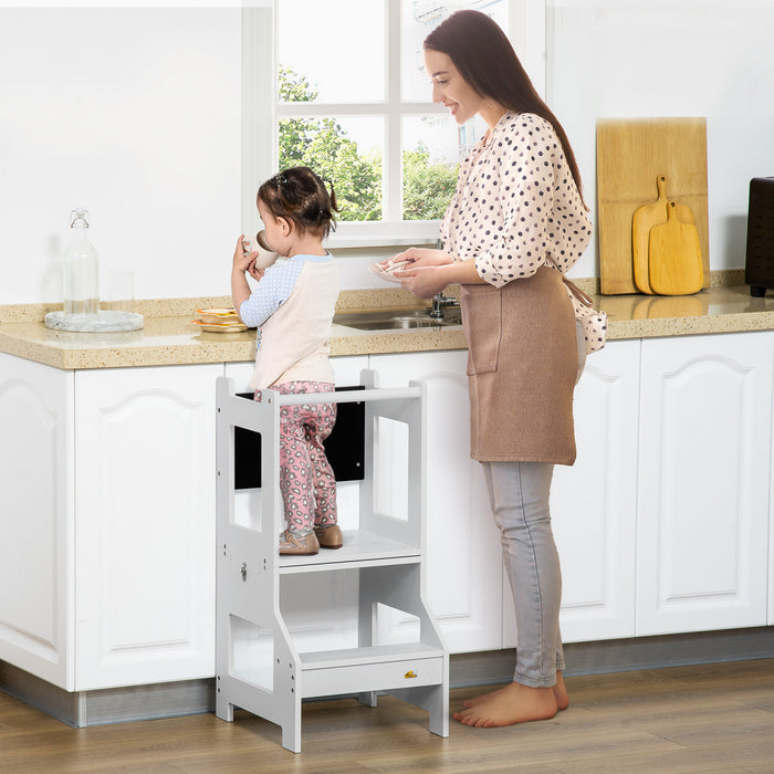 Qaba 2-in-1 Kids Kitchen Helper Step Stool, Detachable Toddler Table And Chair Set, Children Standing Tower For Kitchen Counter With Safety Rail Chalkboard, Grey