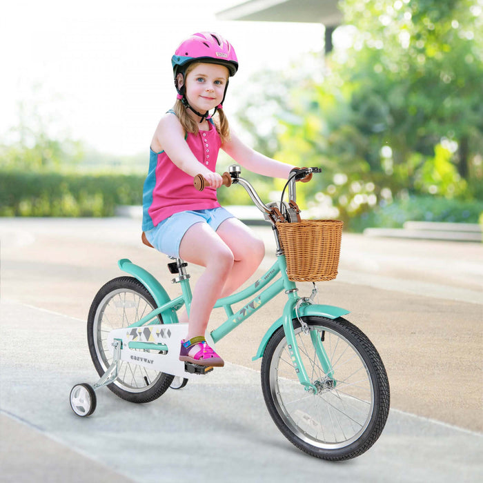 Costway 18\" Kids Bike With Height Adjustable Handlebar Seat Basket Bell Training Wheels Green