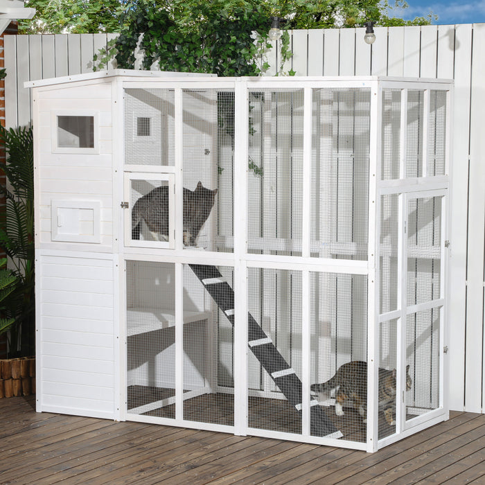 Pawhut Large Catio Outdoor Cat Enclosure Weatherproof Cat House With Cat Condo, Indoor Wooden Cat Cage Pet Kennel, 77\"l X 38\"w X 69\"h, White