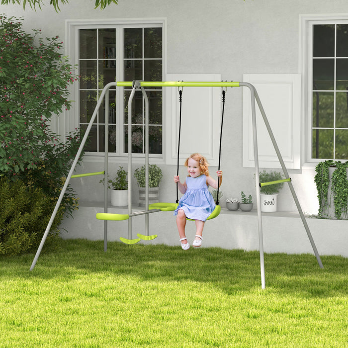 Outsunny 2 in 1 Metal Swing Set with Glider, Swing Seat, Ground Stakes, Kids Swing Set for Backyard, Outdoor, Playground, Green
