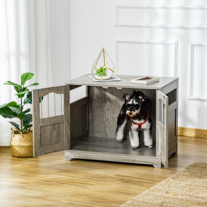 Pawhut 29.5\" Wooden Dog Cage With Windows, End Table Furniture Style, Modern Pet Kennel With Lockable Doors Elevated Base For Small And Medium-sized Dogs, Grey