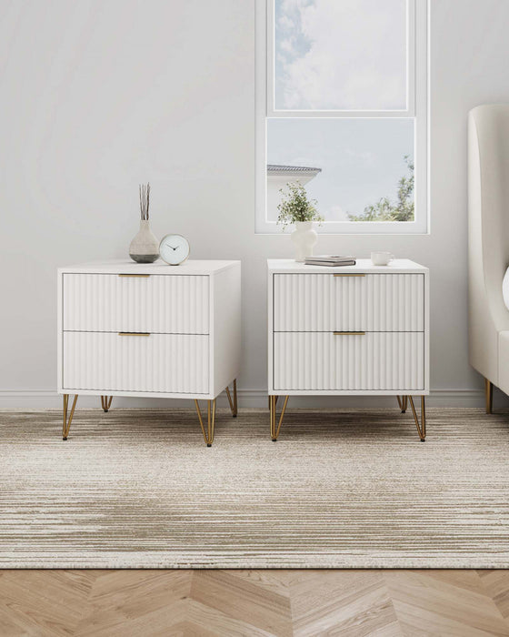 Dumbo Modern 20\" Fluted Nightstand in White (2-Drawer) - Set of 2