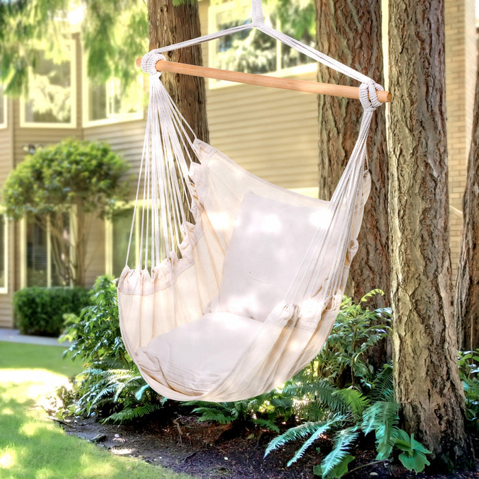 Outsunny Hammock Chair Swing Hanging Macrame Chair Cotton W/ Two Soft Seat Cushions, For Bedroom Indoor Outdoor Ideal Gift For Kids Lover Birthday Present, White