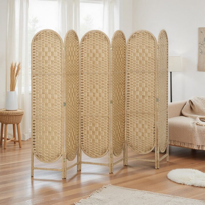 HOMCOM 6 Panel Room Divider, Bohemian Folding Privacy Screen, Natural Wood