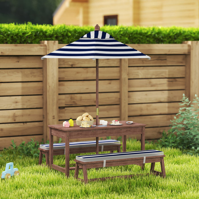 Qaba Kids Picnic Table, Wooden Table & Bench Set with Removable Umbrella, Cushions, Toddler Activity Furniture for Garden, Backyard, Patio, Navy Blue