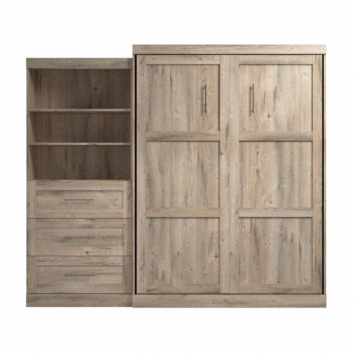 Bestar Pur Queen Murphy Bed and Shelving Unit with Drawers 101-Inch Wall Bed - Rustic Brown