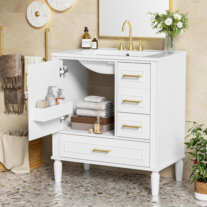 Emerson 30 Inch Bathroom Vanity with Ceramic Sink and Three Drawers, White