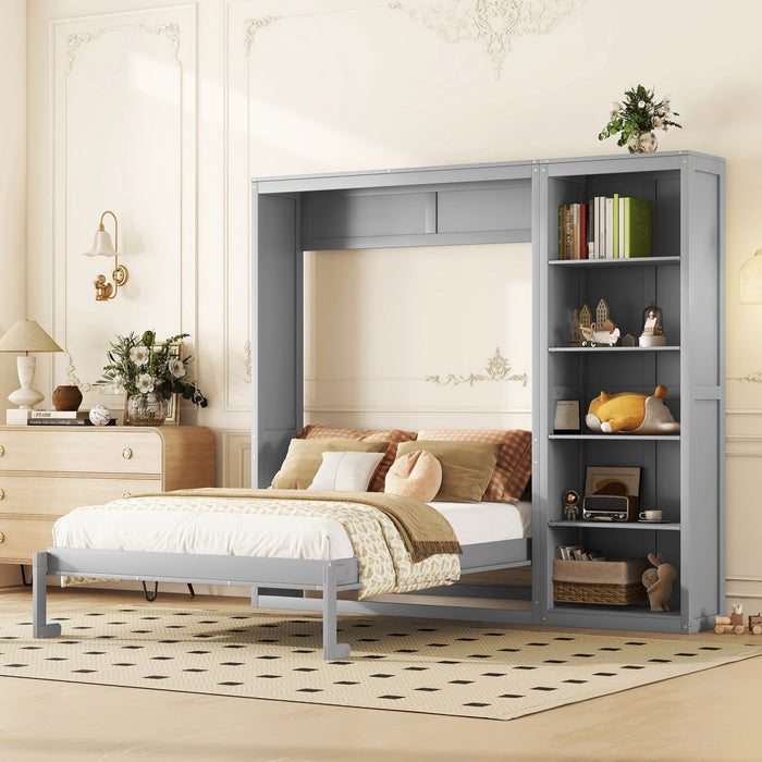 Jessie Space-Saving Multi-Functional Wall Bed with Shelves,Queen Size,Grey Queen Bed