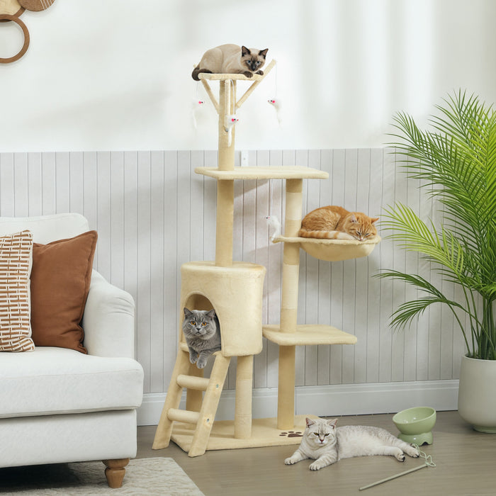 PawHut Cat Tree, 53\" Cat Tower for Indoor Kittens with Sisal Scratching Posts, Plush Perches, Condo, Hammock, Ladder, Dangling Toys, Multi-Level Kitty Activity Centre, Beige