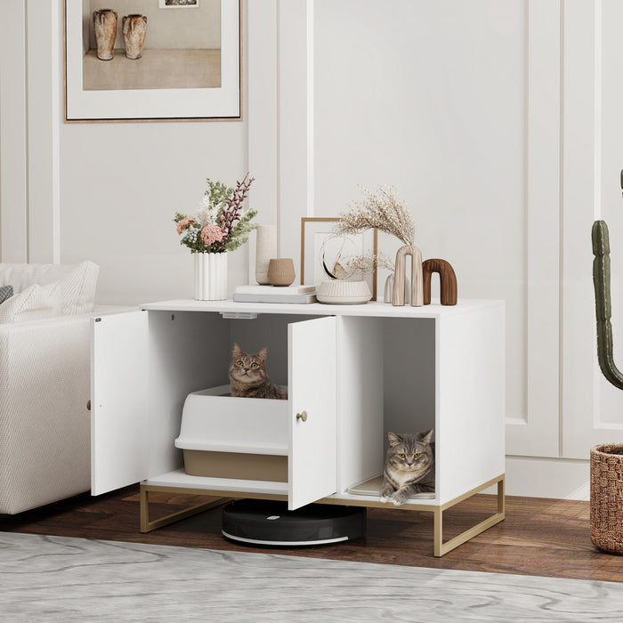 PawHut Cat Litter Box Enclosure, Hidden Litter Box Furniture with Litter Mat, Tall Legs, Cat House Washroom, Side Table, 31.5\" x 20\" x 22\", White