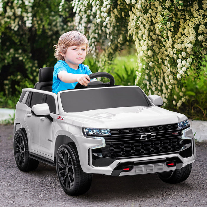Aosom 12v Licensed Chevrolet Tahoe Powered Ride-On Car, Kids Ride On Car With Remote Control, 3 Speeds, Spring Suspension, Led Light, Horn, Music, Electric Kids Car For 3-6 Years Old White