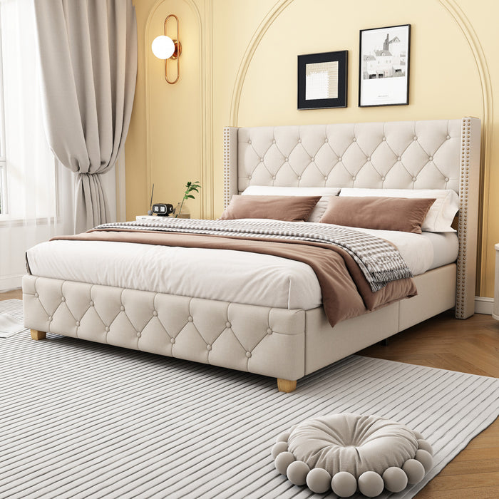 Haley Linen Upholstered Platform Bed with Classic Wingback Headboard and Diamond Tufted Upholstery,Full Size,Beige Full Bed