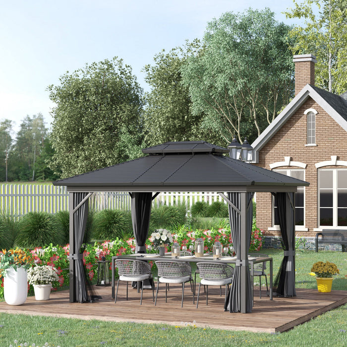 Outsunny 10' X 12' Hardtop Gazebo, Aluminum Frame Garden Sun Shelter With Double Tier Metal Roof, Mosquito Netting, Curtains, And Hanging Hook, Grey